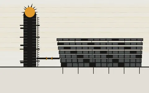 Illustration of a distillation column standing beside a row of solar panels