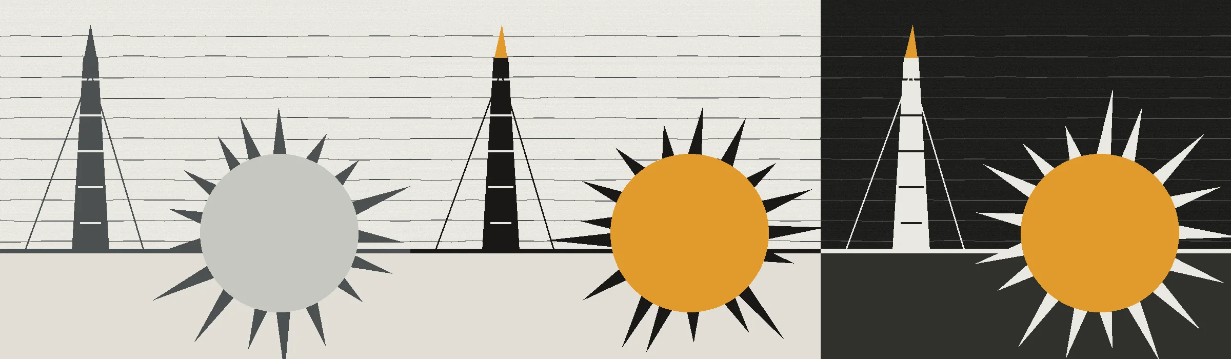 Illustration of a flare stack with a jagged sun repeated three times in tones from gray to amber